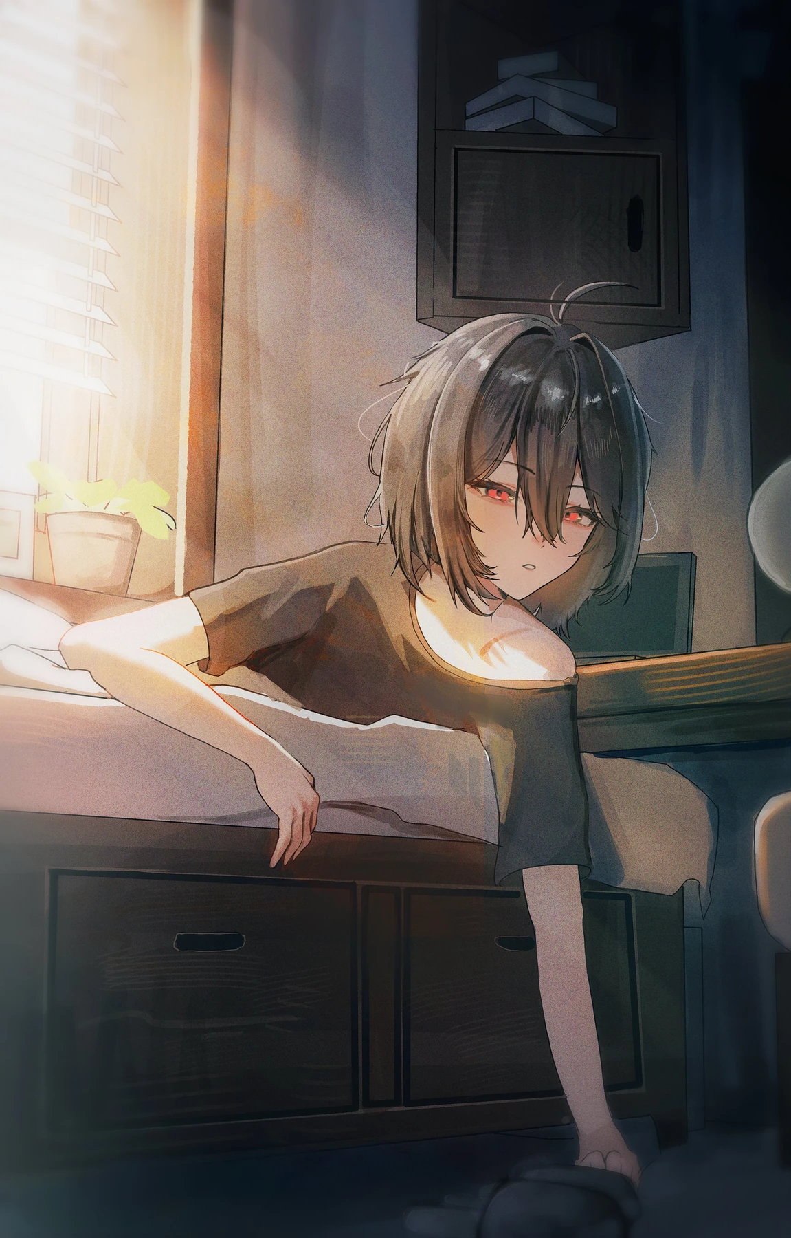 Dark-haired character sitting in a sunlit interior