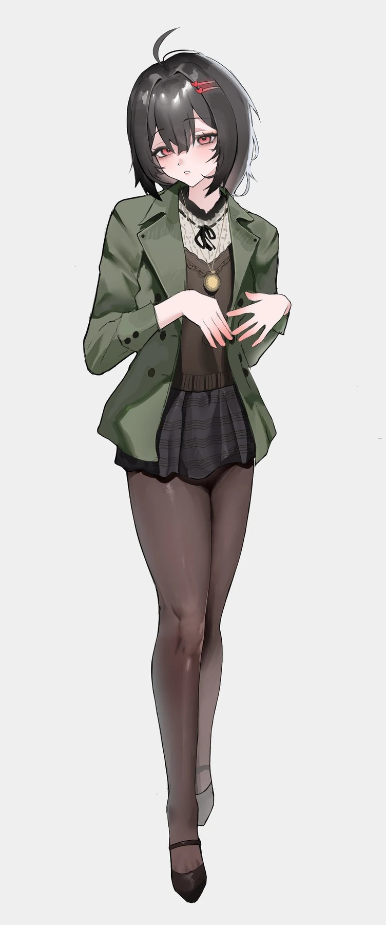 Full-length character in a green jacket